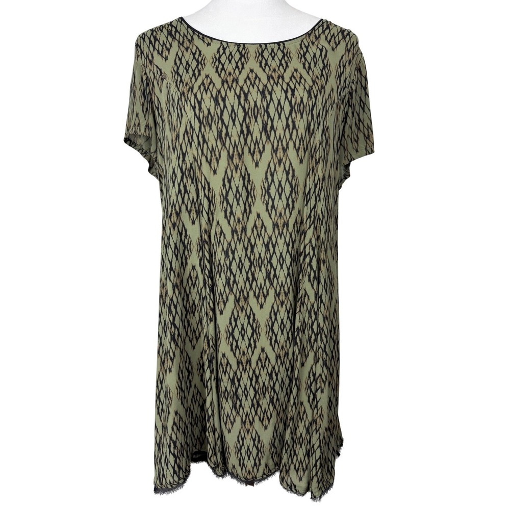 Silence + Noise Women's M Ikat Shift Dress Green Good Fringe Diamond Print